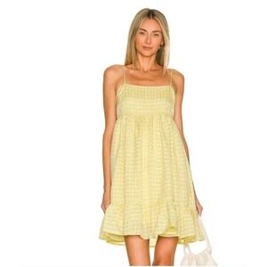 Line and Dot Yellow Plaid Spaghetti Strap Ruffle Hem Summer Dress Women's size S